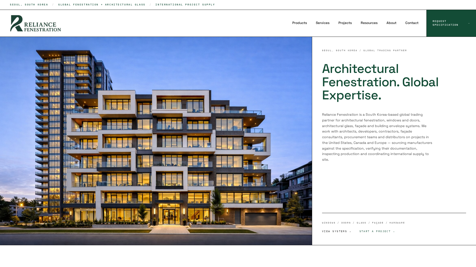 Reliance Fenestration website homepage